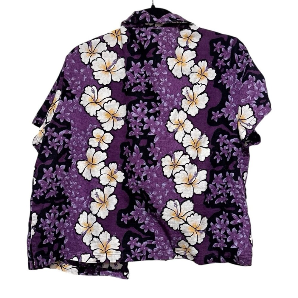 Vintage Hilo Hattie Hawaiian Purple Cropped Hibiscus Aloha Shirt Womens XL - Picture 4 of 8